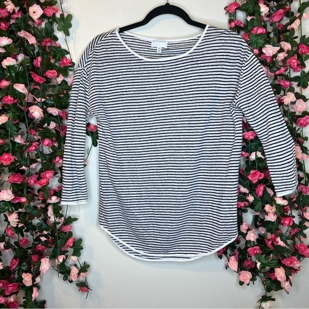 Witchery 100% Linen Striped Boat Neck Top Womens XXS Black White 🌹